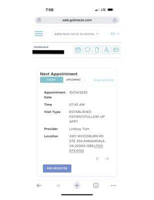 Screenshot of patient portal with the appointment