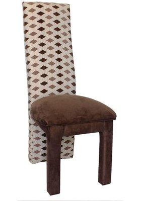 A dining room chair with a contemporary look. Simple straight lines accentuate legs that taper slightly towards the floor.