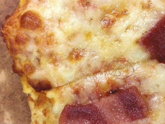 Notice the curly hair we found upon opening our pizza on delivery. The resturaunt called me a liar and refused a refund.