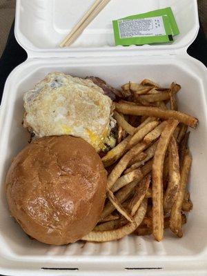 The Dalrymple (Bacon, Egg, and Cheeseburger with fried onions and sriracha mayo)