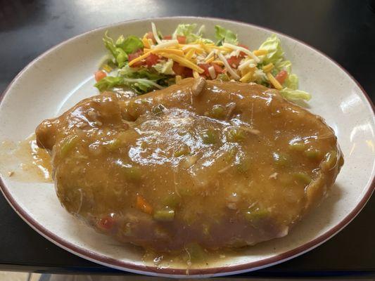 Smothered shredded beef and bean Sopapilla.