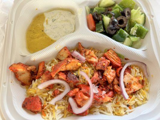 11.11.25 chicken platter w/ basmati rice, side of salad, hummus, tzatziki sauce (cucumber sauce)