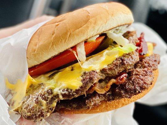 Tops famous Double bacon Cheeseburger!