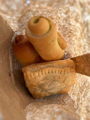 Pesto bread, beef pastry & ham & bacon bread