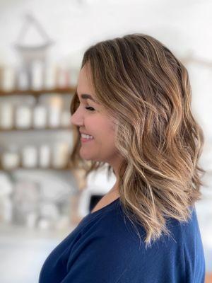 Low maintenance, soft balayage. She will only need to touch up her blonde 2-3 times a year!