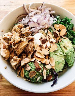 Pesto chicken bowl without roasted sweet potato add red onion and sour cream makes it KETO heaven