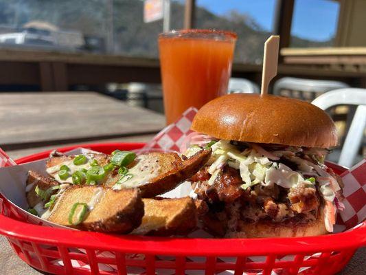 Chopped brisket sando, tallow fried jojo's and a Bootchelada.