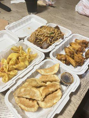 Crab rangoons, beef lo mein, chicken dumplings, & fried chicken wings