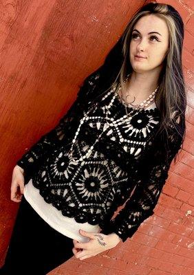 Crochet Scoop-Neck Three-Quarter Sleeve Top - Black