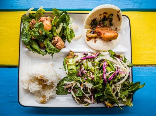 Classic Bento - Jasmine rice, brussel sprout salad, pork bun, thai karaage