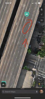 The exact spot where my lane and the lane on my right merges. He's coming from the far right lane where the arrow is.