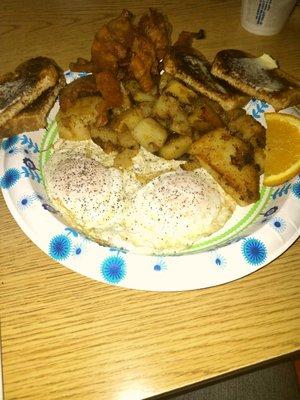 2 eggs, toast 4 slices bacon homefries, coffee.. $ 5.49 !!!
