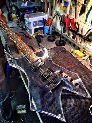 Getting a setup done from pro Morgan. He's gonna fix it all up and make it play right. Brand new guitar.