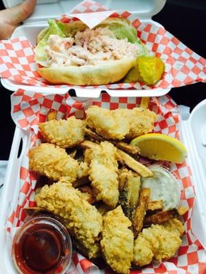 Lobster roll and fish and chips with 2 different sauces! Yummy!!!
