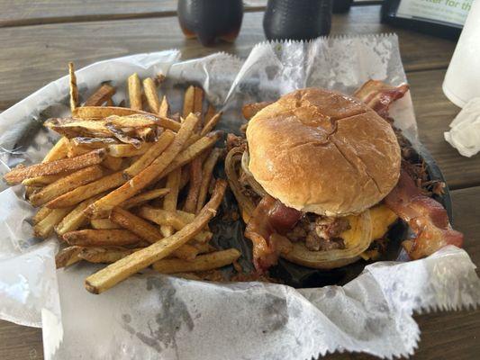 Bacon brisket bbq cheeseburger and hand cut fries.