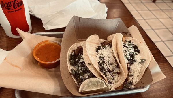 3 tacos. Pork shrimp and beef