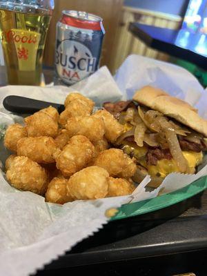 Bacon Cheeseburger with Tater Tots and a Busch NA