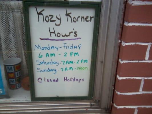 Kozy Korner Hours