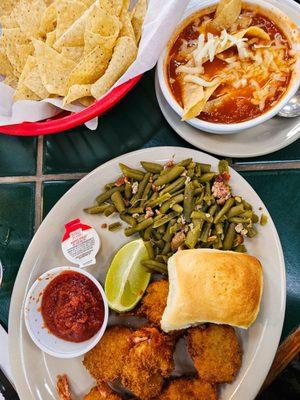 Fried shrimp and tortilla soup