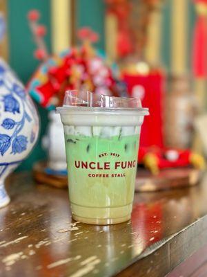 The Putu House coffee shot, pandan milk, palm sugar, coconut cream top