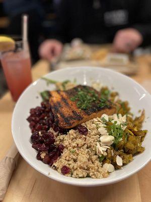 Beets by the bay with blackened salmon