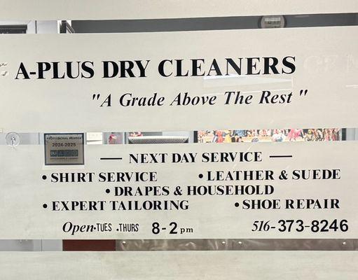 Store name, services, hours & phone number.