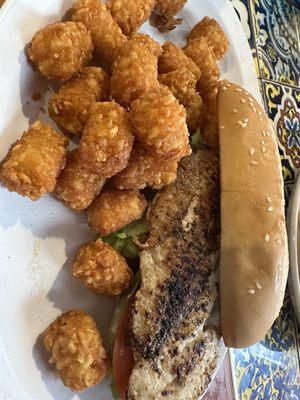 Grilled catfish po' boy with tots