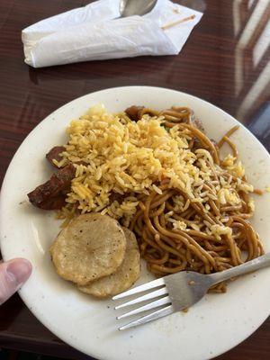 Potatoes, fried rice, and a noodle dish.