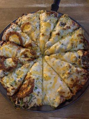 Left half: bbq chicken Right half: meat lovers