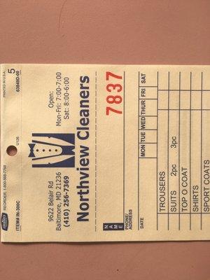 Dry Cleaning Ticket