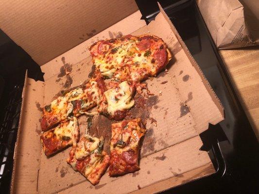 Pepperoni, spinach, and hot peppers (an extra amount of sauce?)