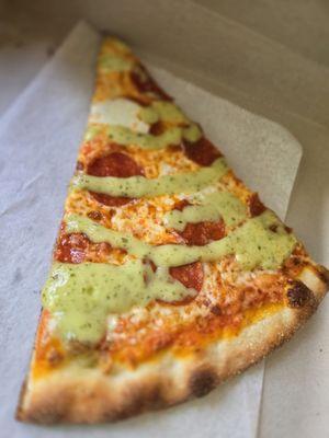 Pepperoni and garlic pesto.