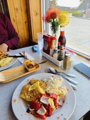 Halibut with butter white wine sauce and veggies