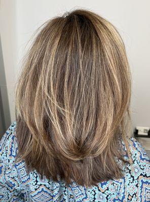 Base color highlights layered haircut