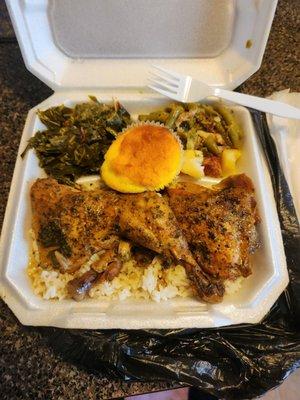 Baked Chicken, collards, green beans, corn bread muffin