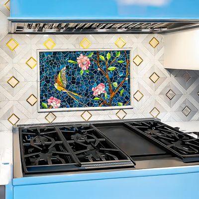 Custom tile backsplash: heat-safe, easy to clean, expertly installed by Escobar Ceramic. Free estimate + 2-year labor warranty.