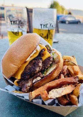 Double burger with fries and IPA