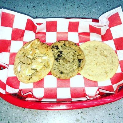 White chocolate macadamia nut, chocolate chunk and sugar cookies
