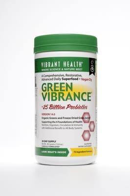 Green Vibrance, our original product. A restorative, comprehensive superfood, green plant-based supplement.