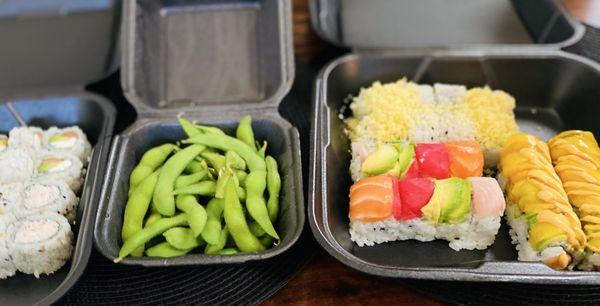 Edamame, Rainbow Rolls, Crunch Rolls, and Phoenix Rolls