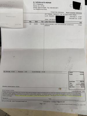 Repair shop repair order and the amount they charged her