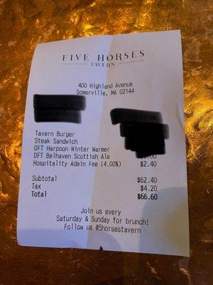 Receipt showing a hospitality fee for no reason