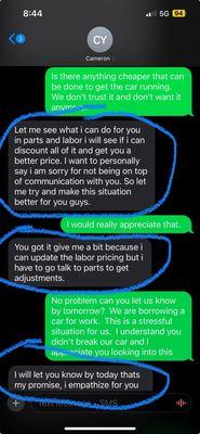 Promise to respond same day (Friday) - didn't respond until Monday