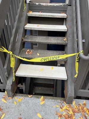 People have fallen through, and they didn't properly fix "all"" of the steps. This is negligent and dangerous.