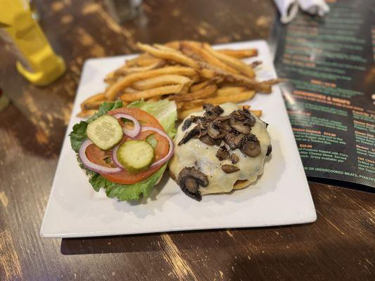Bert's Burger (Brisket/Chuck/Short Rib) with Swiss and Mushrooms and fresh cut fries