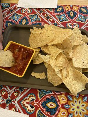 Chips and salsa, not homemade (tastes like jar salsa) .