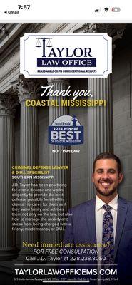 Best of Coastal Mississippi award for D.U.I. Law.