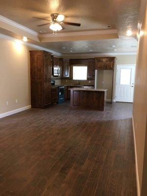 From the front door, through the living room, into the kitchen.