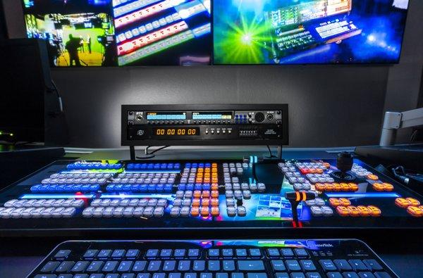 Control Room control panel. 1632 has multiple switching options: Ross Carbonite, Tricaster TC2 Elite and Blackmagic ATEM Constellations