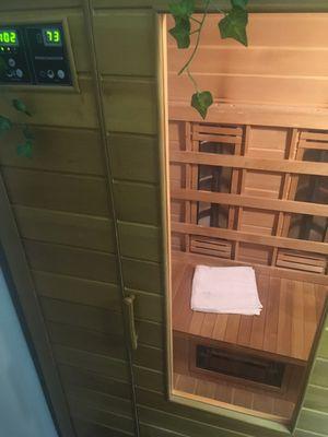 Inferred sauna 5-10 min session to soften the tissue and light stimulation to help heal internal organs and ease tension away.